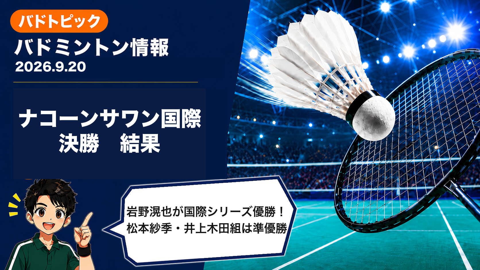 【2026年9月20日】バドミントン情報｜ナコーンサワン国際で岩野滉也が優勝、松本紗季と井上誠也／木田悠斗組は準優勝
