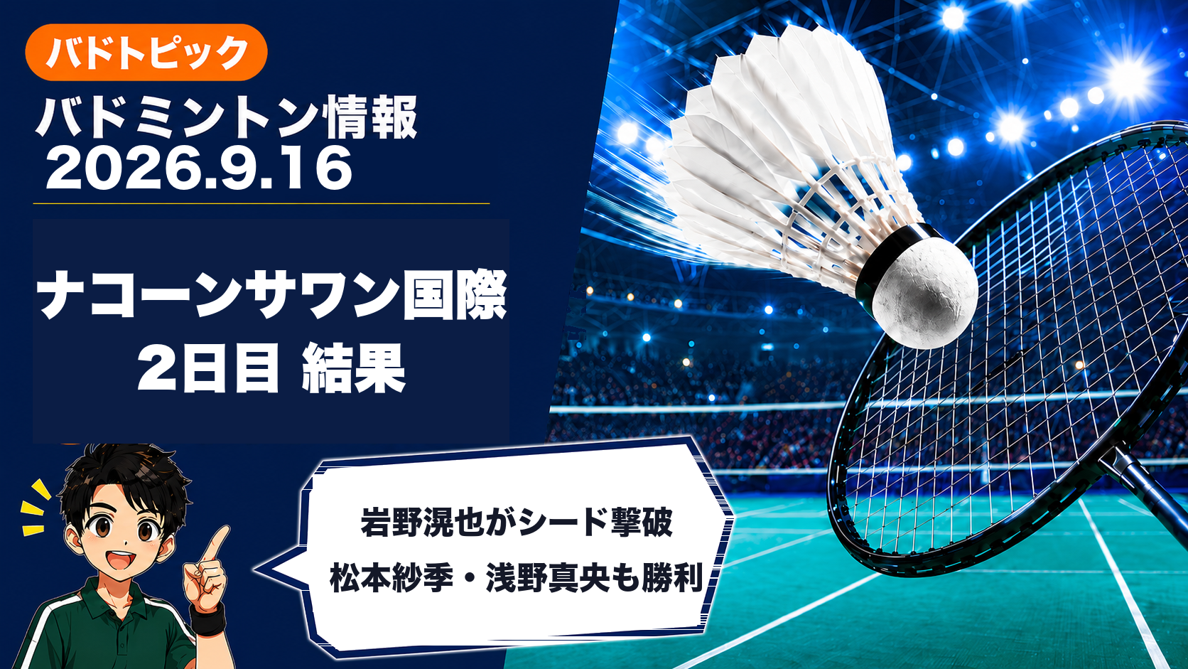 2026年9月16日のバドミントン情報 ナコーンサワン国際シリーズ2日目結果 岩野滉也がシード撃破、松本紗季・浅野真央も勝利