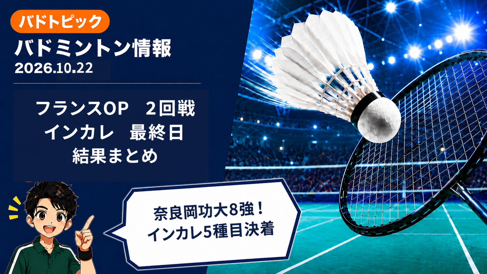 フランスオープン2026の2回戦と全日本学生選手権の決勝結果を伝えるバドミントン情報